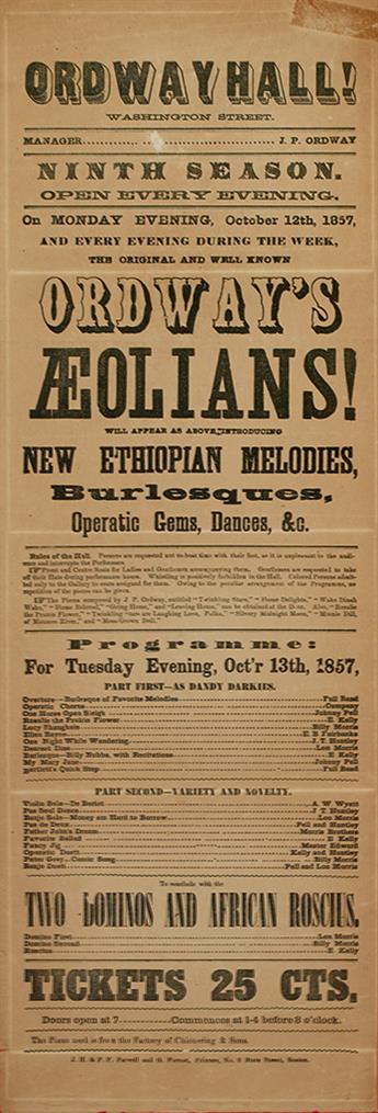 (MUSIC--MINSTRELSY.) Ordway Hall. Ordways Aeolians, New Ethiopian Melodies, Burlesques.